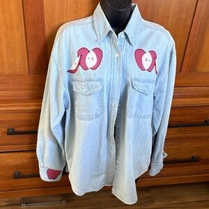 Vintage 90s  Blue Denim Shirt with Red Heart gingham  Patches
